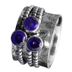 Amethyst Gemstone Spinner Ring, Pure 925 Sterling Silver Spinning Ring, Unique Handmade Ring, Three Stone Ring, Meditation Fidget Ring, February Birthstone Gifts (US Ring size 12)