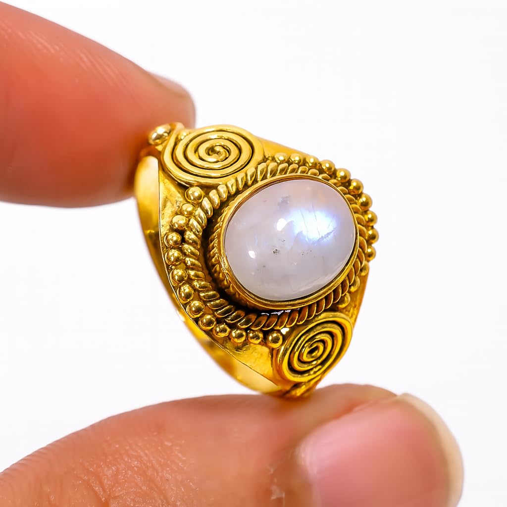 Moonstone Gold Ring Pure 925 Sterling Silver Yellow Gold Plated Boho Engagement Ring Jewellery Gift For Her (U) - Image 4