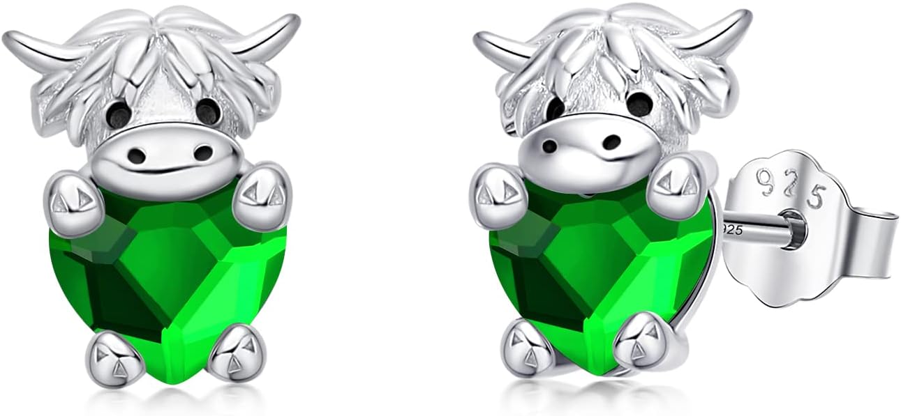 Highland Cow Earrings 925 Sterling Silver Birthstone Earrings Cute Animal Scottish Cow Stud Earrings with Crystal Jewellery Birthday Gifts for Women Girls Daughter