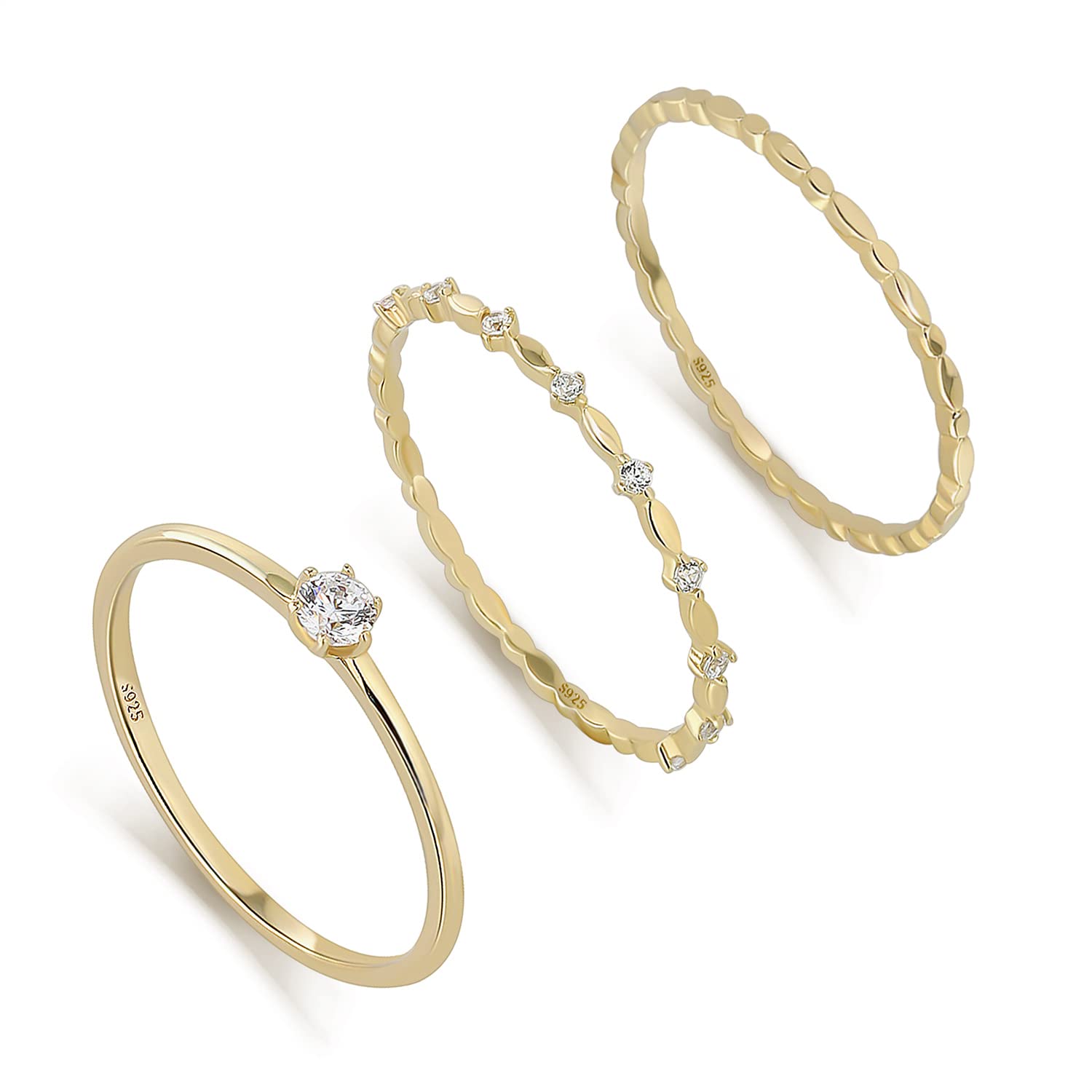 Meissa Thin Stackble Ring Set of 3 Pure Silver Stacking Rings for Women Dainty Gold Ring Minimalist Diamond Ring Set (Gold, P)