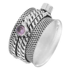 Natural Amethyst Silver Spinner Ring, Pure 925 Sterling Silver & Brass Faceted Cut Gemstone Ring, Designer Engraved Carved Ring, Beautiful February Birthstone Ring (US Ring size 7)
