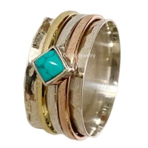 Turquoise Gemstone Meditation Spinner Ring, Pure 925 Sterling Silver Spinning Ring, Fidget Ring, Three Tone Hammered Ring, Unique December Birthstone Ring (US Ring size 5)