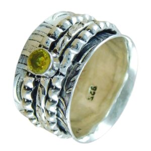 Citrine Yellow Gemstone Faceted Round Spinner Ring, Pure 925 Sterling Silver Spinning Meditation Ring, Unisex Handmade Jewelry, November Birthstone Ring (US Ring size 8)