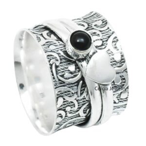 Black Onyx Gemstone Heart Spinner Ring, Pure 925 Sterling Silver Spinning Ring, Love Ring, Spin Meditation Ring, Unique Giftable Ring for Women Men (US Ring size 5)