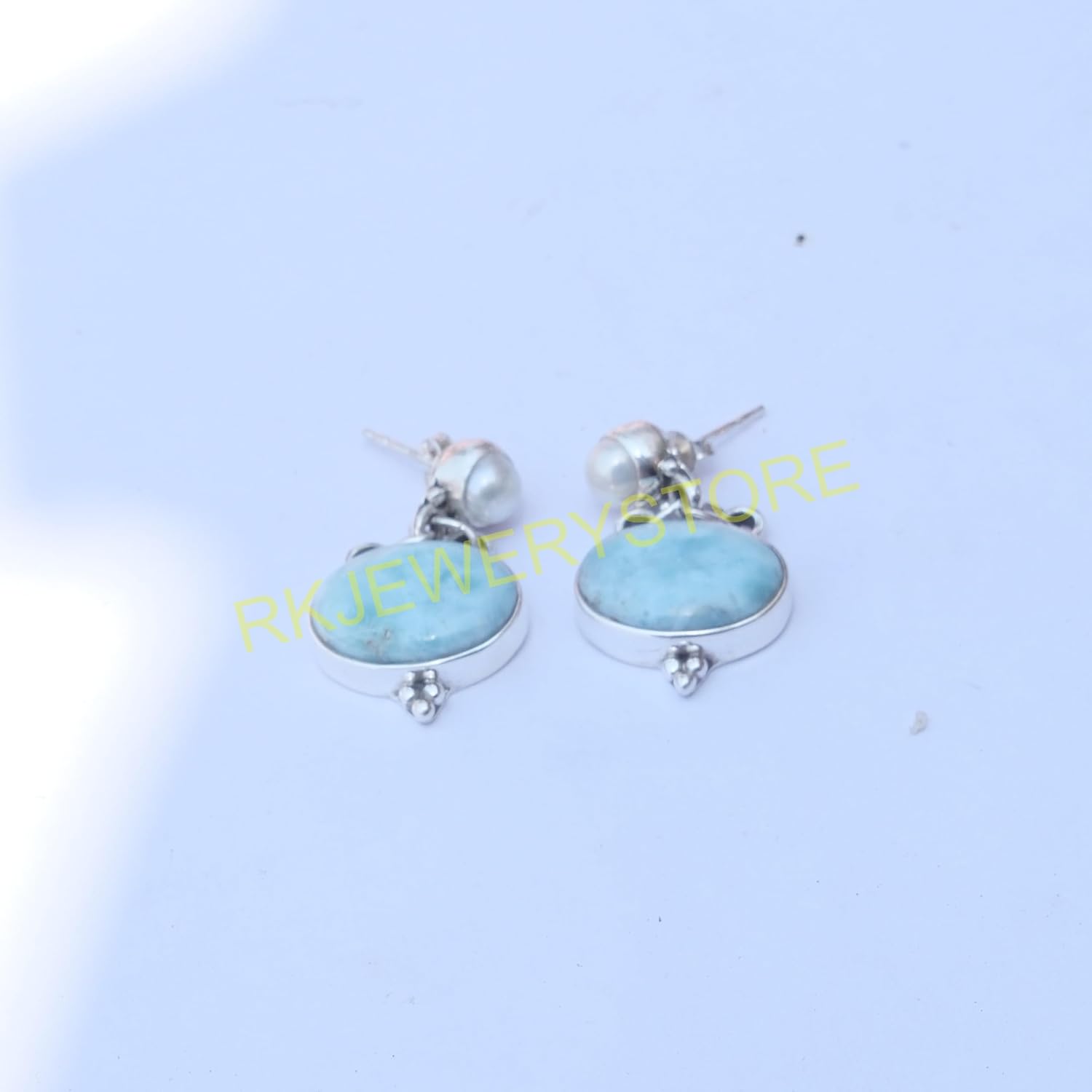 Blue Larimar and mother of pearl Pure 925 Sterling Silver Handmade Dangle Earrings Drop Dangle Earring Blue Larimar Jewelry mother of pearl Jewelry Earrings For Women Girlfriend - Image 3
