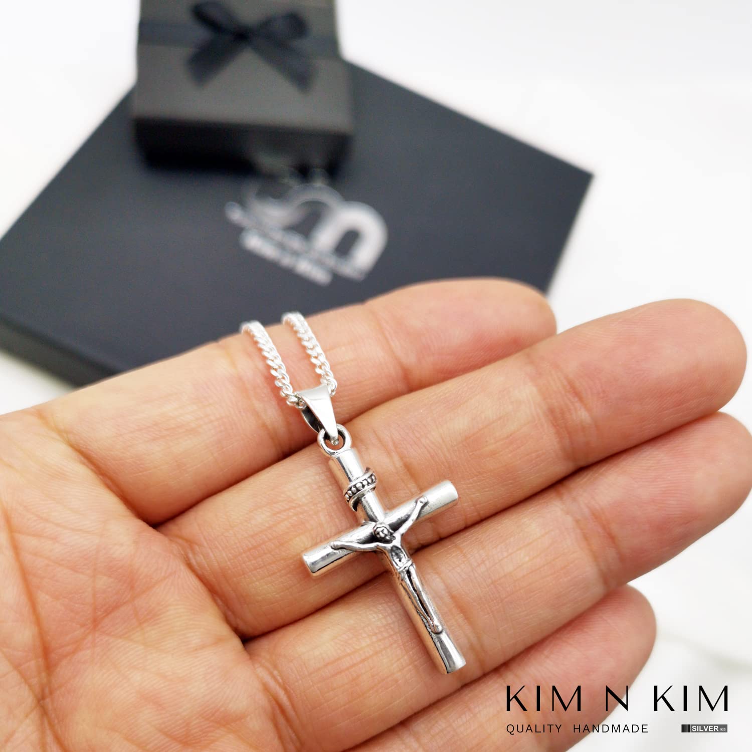 Genuine 925 Sterling Silver Personalised Crucifix Jesus Cross Necklace/Christian Necklace/Plain and Thick/Free Engraving Service/Quality Handmade Silver - KIMNKIM D10-1 (Medium) - Image 6