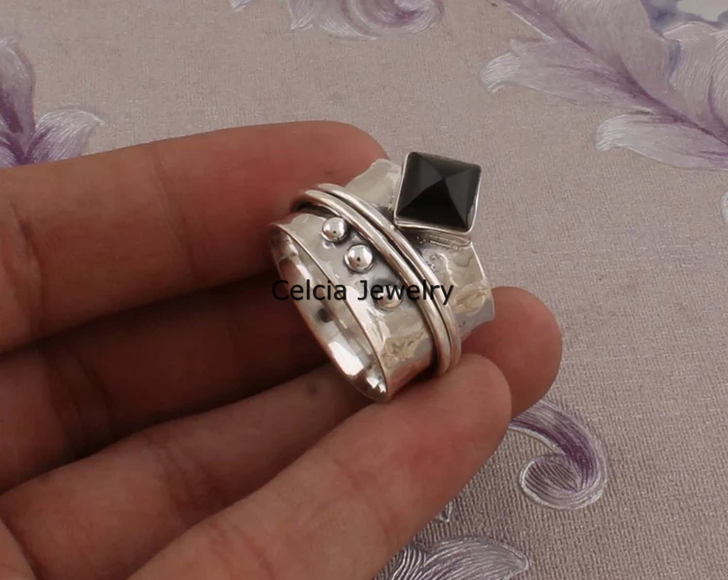 Natural Black Onyx Lucifer Gemstone Square Ring, Pure 925 Sterling Silver Spinner Ring for Women Men, Spin Meditation Ring, Unique Wedding Gifts Ring (US Ring size 11) - Image 3