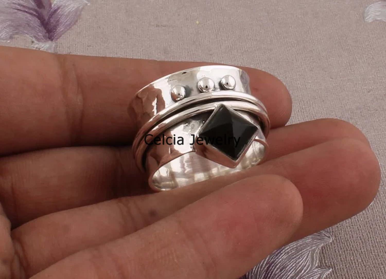 Natural Black Onyx Lucifer Gemstone Square Ring, Pure 925 Sterling Silver Spinner Ring for Women Men, Spin Meditation Ring, Unique Wedding Gifts Ring (US Ring size 11) - Image 2