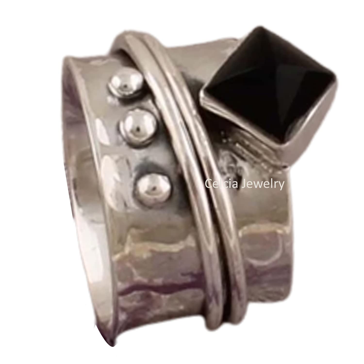 Natural Black Onyx Lucifer Gemstone Square Ring, Pure 925 Sterling Silver Spinner Ring for Women Men, Spin Meditation Ring, Unique Wedding Gifts Ring (US Ring size 11)