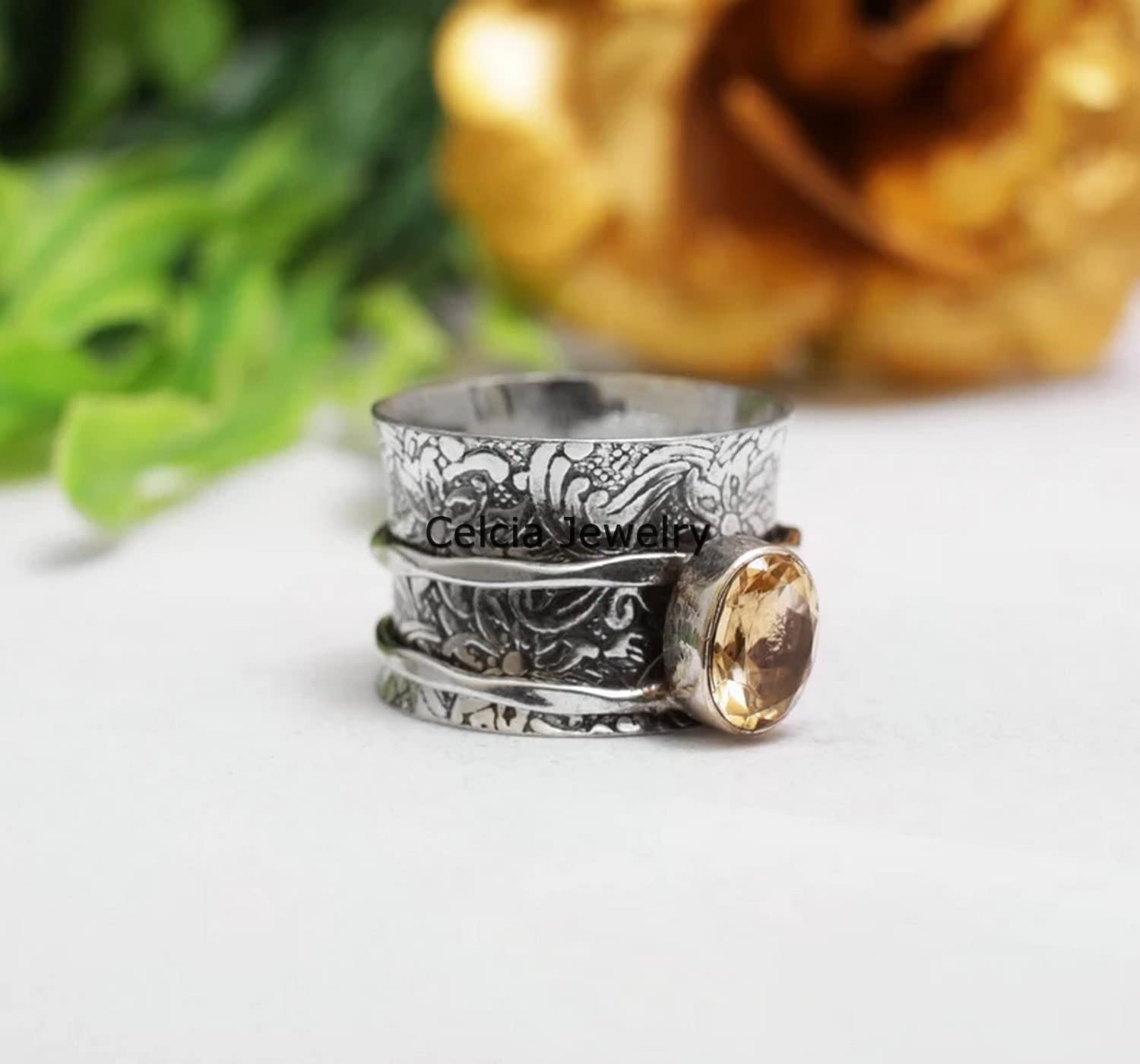 Citrine Gemstone Spinner Ring, Pure 925 Sterling Silver Handmade Ring, November Birthstone Ring, Anxiety Ring, Dainty Ring, Thumb Band Ring, Flower Design Ring (US Ring size 9) - Image 3