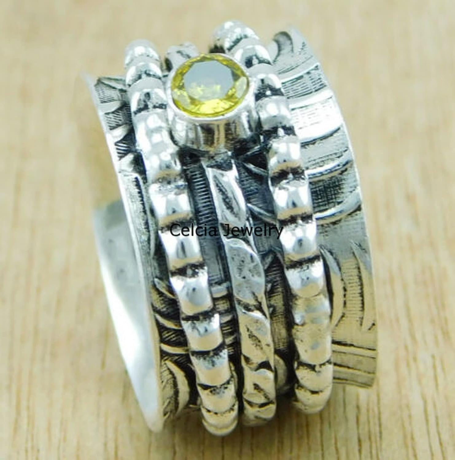 Citrine Yellow Gemstone Faceted Round Spinner Ring, Pure 925 Sterling Silver Spinning Meditation Ring, Unisex Handmade Jewelry, November Birthstone Ring (US Ring size 8) - Image 3