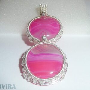 Bovira Natural Pink Agate Woven With Silver Filled and Fine Silver Wire Pendant-Double-Pure Silver-Wire Wrapped-Birthday Present-Gift For Her