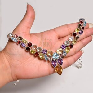 Multi Color Pure 925 Sterling Silver Handmade Cut Stone Necklace Anniversary Gift Jewellery For Wife