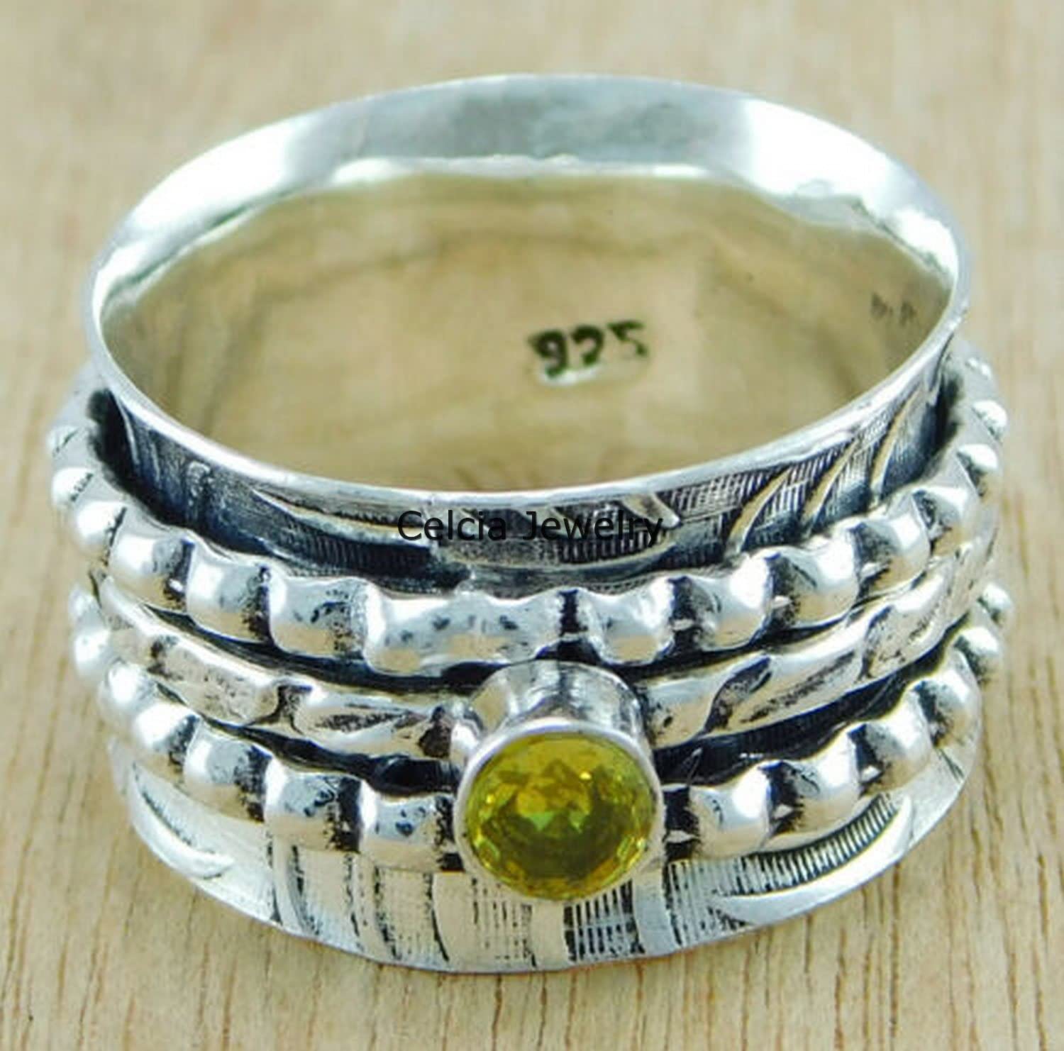 Citrine Yellow Gemstone Faceted Round Spinner Ring, Pure 925 Sterling Silver Spinning Meditation Ring, Unisex Handmade Jewelry, November Birthstone Ring (US Ring size 8) - Image 2