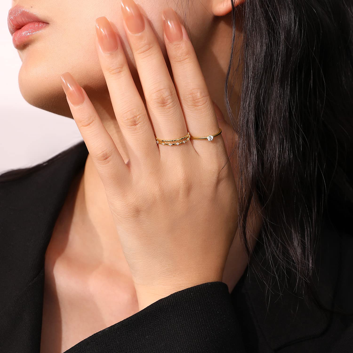 Meissa Thin Stackble Ring Set of 3 Pure Silver Stacking Rings for Women Dainty Gold Ring Minimalist Diamond Ring Set (Gold, P) - Image 6