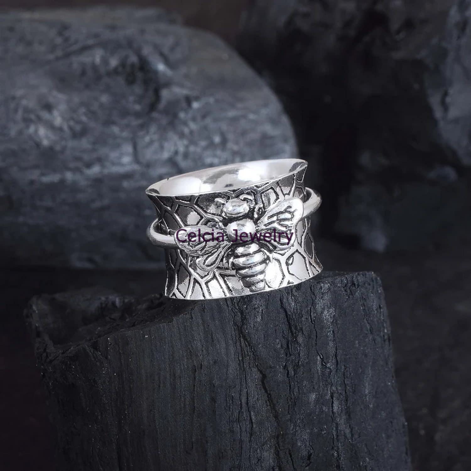 Honey Bee Spinner Rings, Pure 925 Sterling Silver Meditation Ring, Animal Spinning Ring, Worry Fidget Ring, Anxiety Ring, Stunning Ring, Outstanding Ring (Honey Bee 2) (US Ring size 7) - Image 3