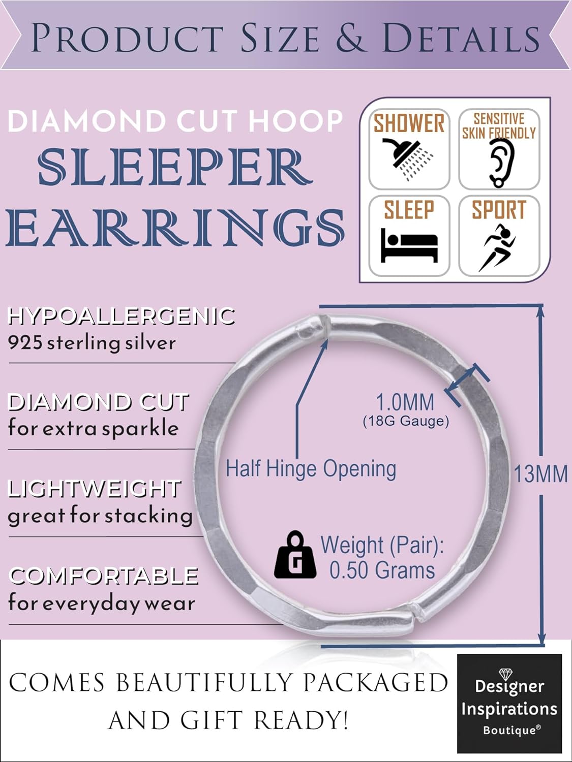 13MM Diamond Cut Square/Flat Edged Tube Half Hinged Sterling Silver Sleeper Hoop Earrings for Women Men Girls - Polished Unisex Round Hoop Earrings - Image 4