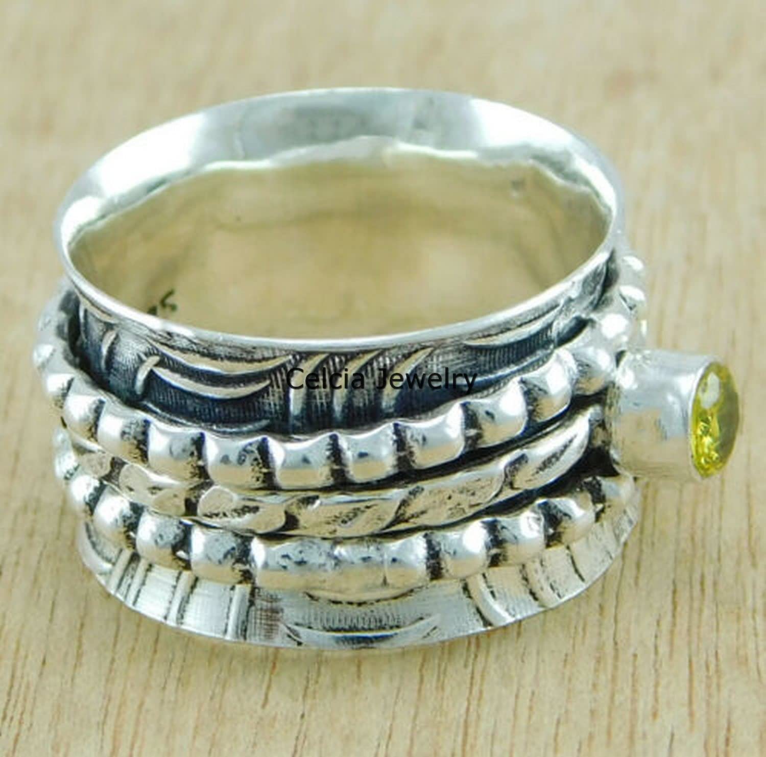 Citrine Yellow Gemstone Faceted Round Spinner Ring, Pure 925 Sterling Silver Spinning Meditation Ring, Unisex Handmade Jewelry, November Birthstone Ring (US Ring size 8) - Image 4