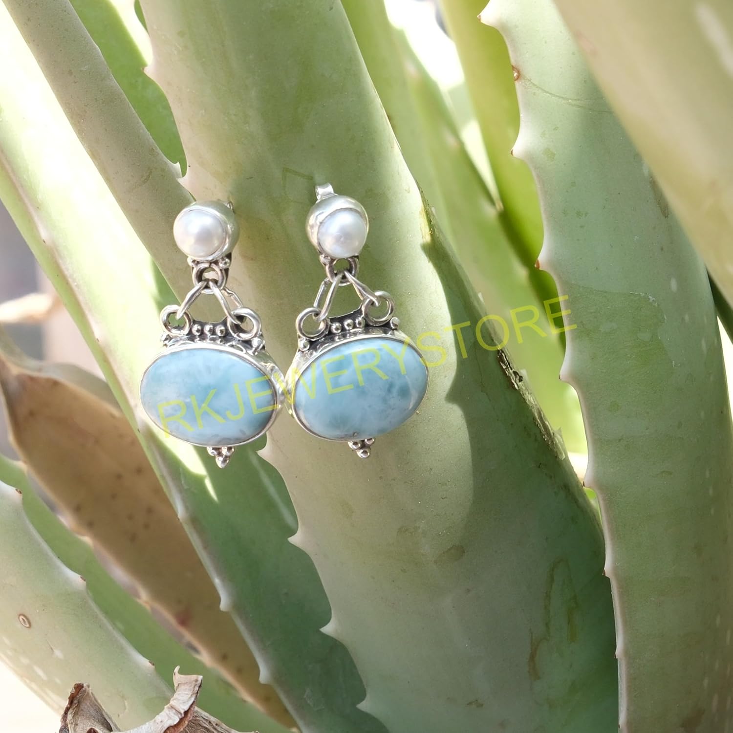 Blue Larimar and mother of pearl Pure 925 Sterling Silver Handmade Dangle Earrings Drop Dangle Earring Blue Larimar Jewelry mother of pearl Jewelry Earrings For Women Girlfriend - Image 2