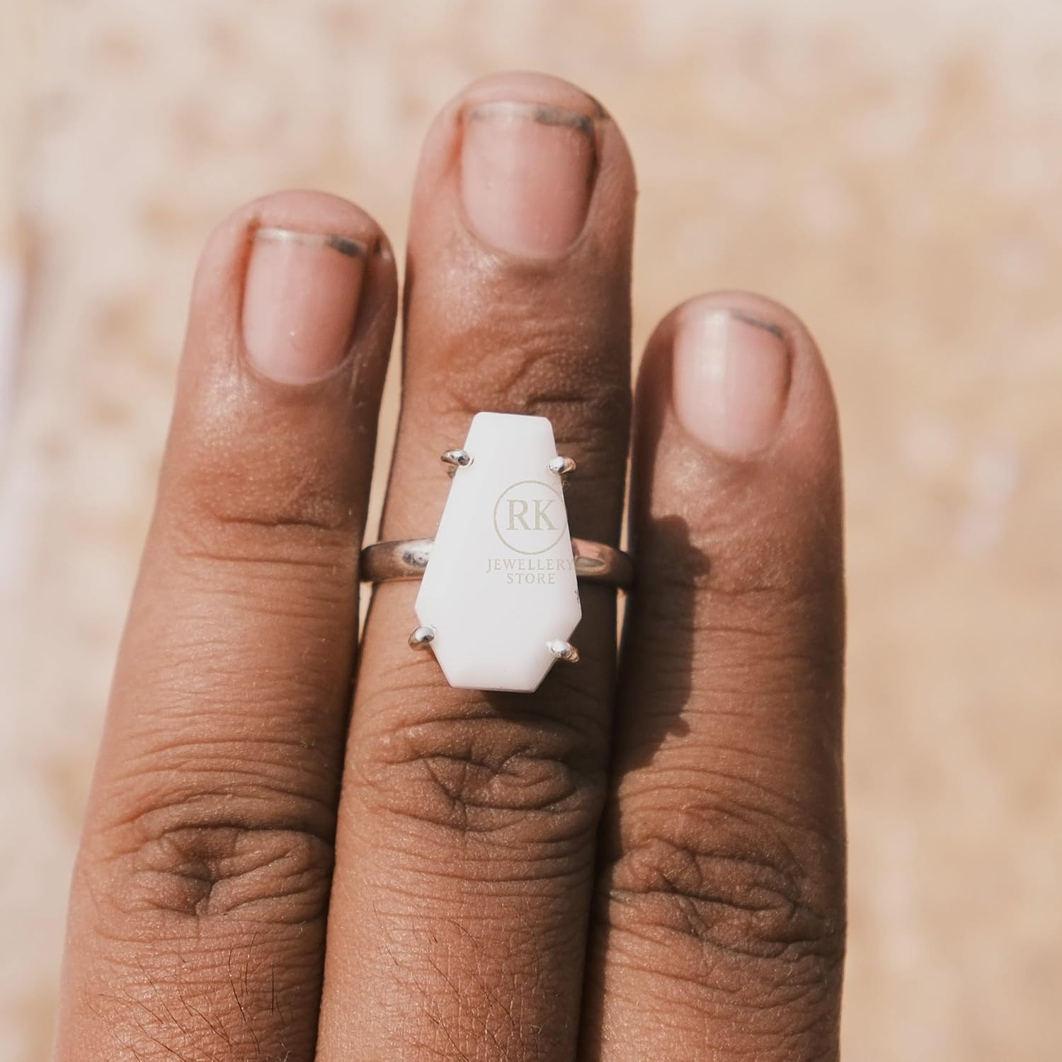 White Agate Pure 925 Sterling Silver Handmade Statement Boho Stacking Ring Agate Gift Jewellery For Wife Girlfriend (M) - Image 3