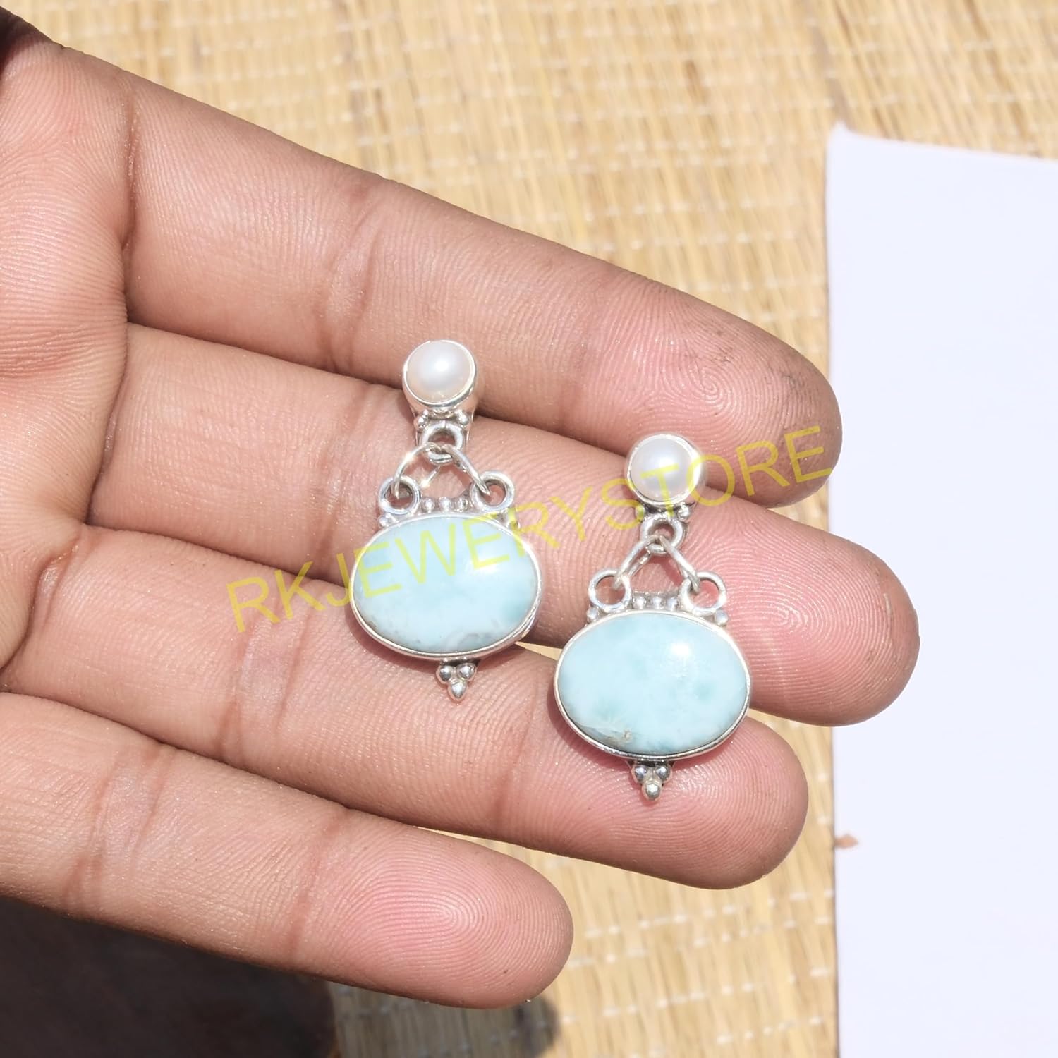 Blue Larimar and mother of pearl Pure 925 Sterling Silver Handmade Dangle Earrings Drop Dangle Earring Blue Larimar Jewelry mother of pearl Jewelry Earrings For Women Girlfriend - Image 5