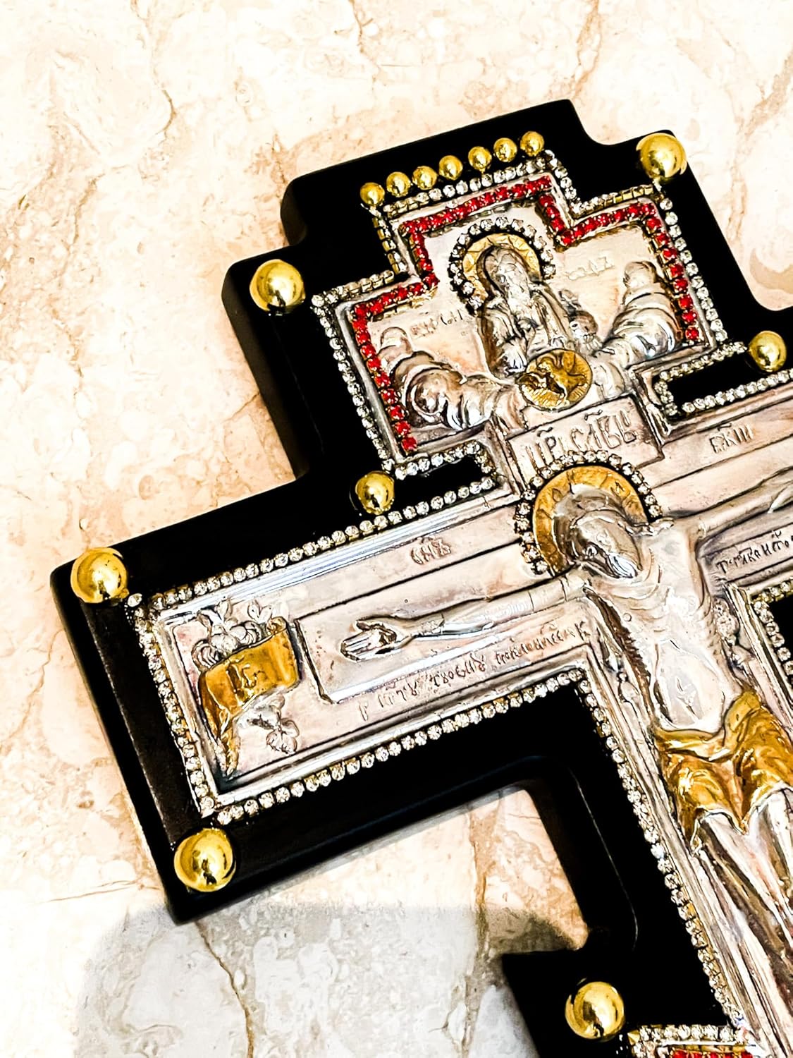 1980 Antique Cross Pure Gold Solid Sterling 925 Orthodox Cross Jesus Christ Cross for wall Antique Crucifix Wall Cross Christian House Warming gifts Original Mount Athos ЦР҃Ь СЛ҃ВЫ 12" One of a KIND - Image 6