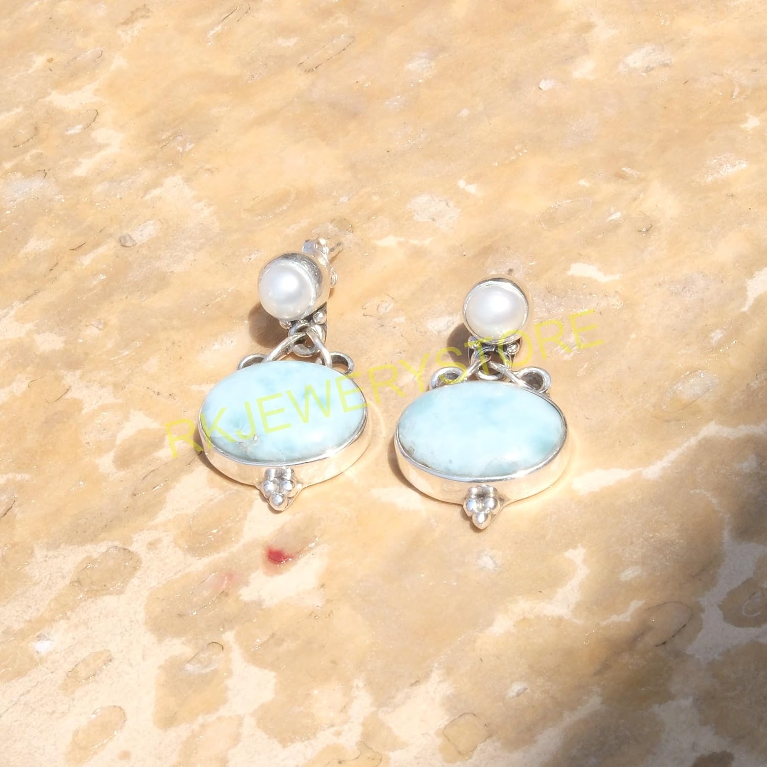 Blue Larimar and mother of pearl Pure 925 Sterling Silver Handmade Dangle Earrings Drop Dangle Earring Blue Larimar Jewelry mother of pearl Jewelry Earrings For Women Girlfriend - Image 8
