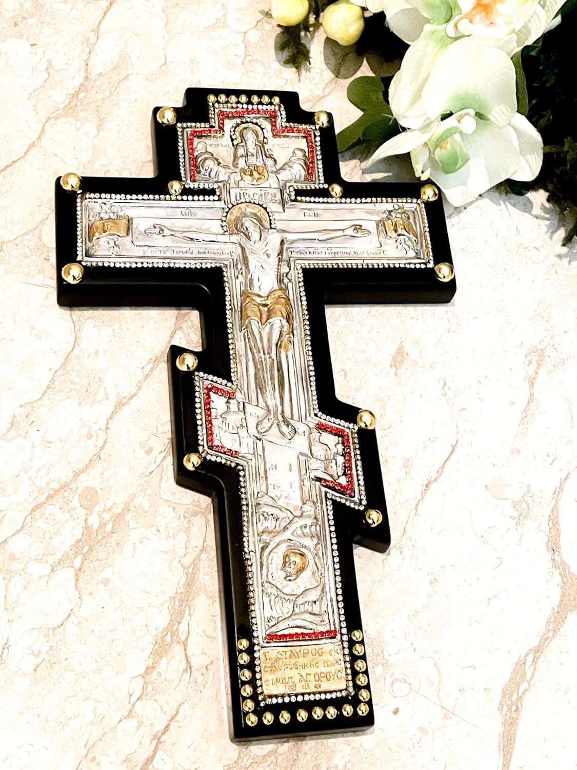 1980 Antique Cross Pure Gold Solid Sterling 925 Orthodox Cross Jesus Christ Cross for wall Antique Crucifix Wall Cross Christian House Warming gifts Original Mount Athos ЦР҃Ь СЛ҃ВЫ 12" One of a KIND - Image 7