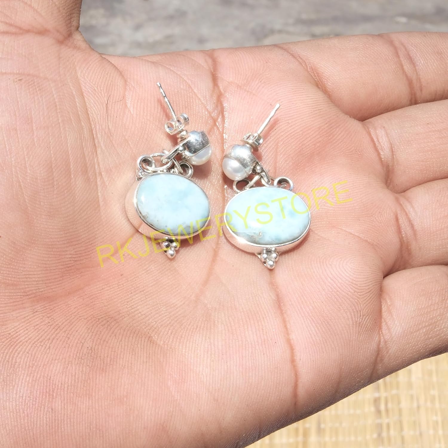 Blue Larimar and mother of pearl Pure 925 Sterling Silver Handmade Dangle Earrings Drop Dangle Earring Blue Larimar Jewelry mother of pearl Jewelry Earrings For Women Girlfriend - Image 4