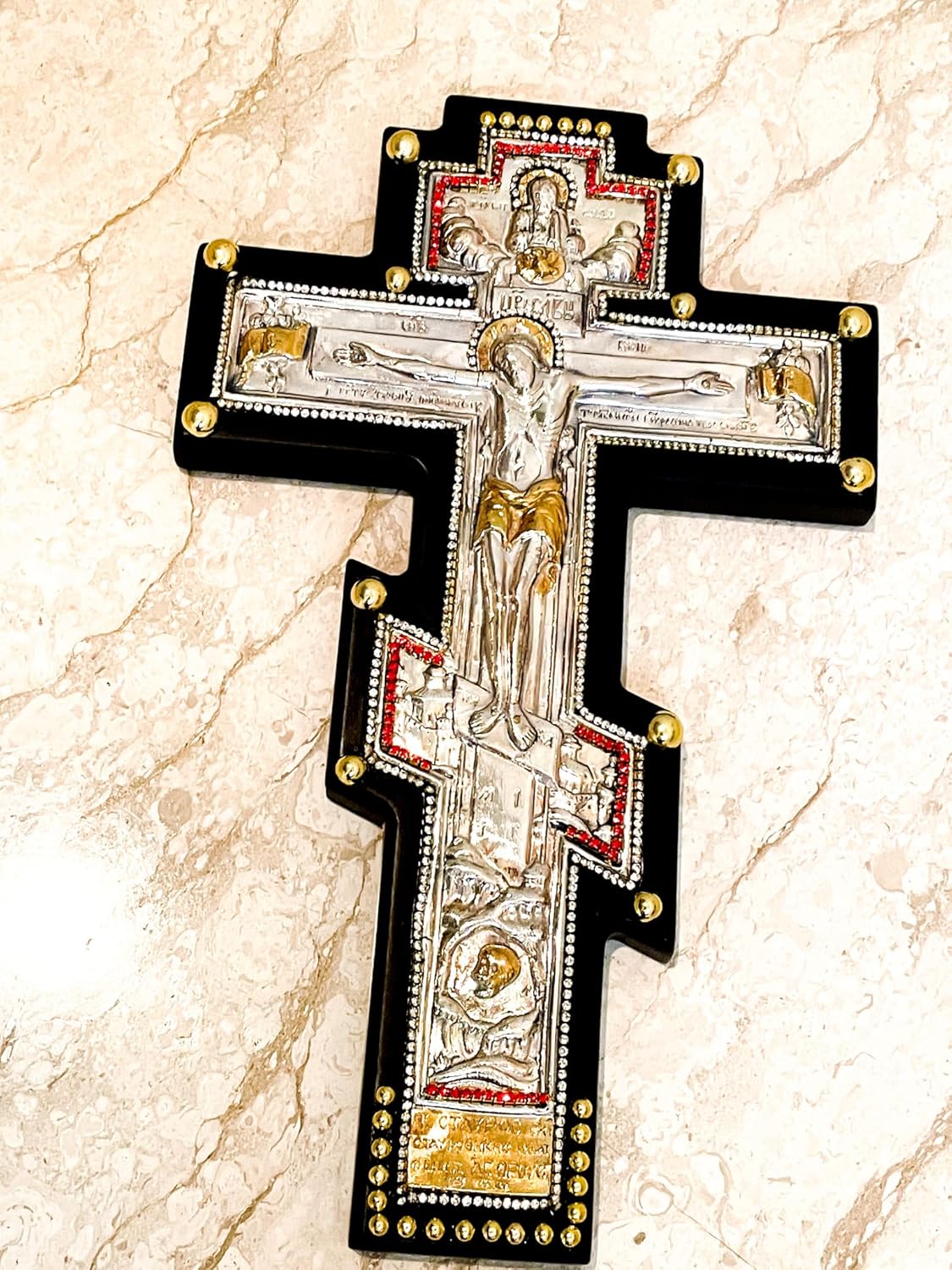 1980 Antique Cross Pure Gold Solid Sterling 925 Orthodox Cross Jesus Christ Cross for wall Antique Crucifix Wall Cross Christian House Warming gifts Original Mount Athos ЦР҃Ь СЛ҃ВЫ 12" One of a KIND - Image 5