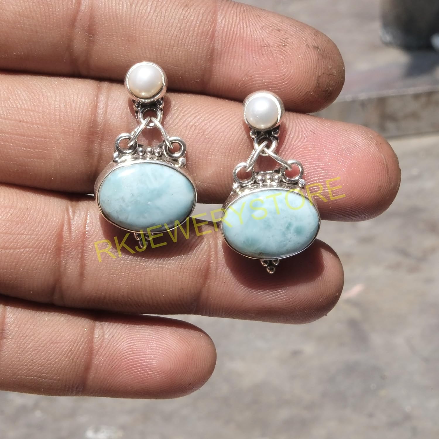 Blue Larimar and mother of pearl Pure 925 Sterling Silver Handmade Dangle Earrings Drop Dangle Earring Blue Larimar Jewelry mother of pearl Jewelry Earrings For Women Girlfriend - Image 7
