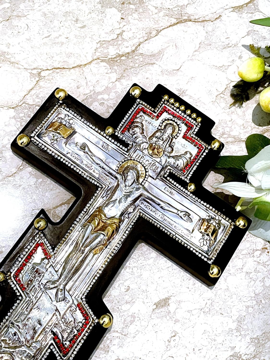 1980 Antique Cross Pure Gold Solid Sterling 925 Orthodox Cross Jesus Christ Cross for wall Antique Crucifix Wall Cross Christian House Warming gifts Original Mount Athos ЦР҃Ь СЛ҃ВЫ 12" One of a KIND - Image 4