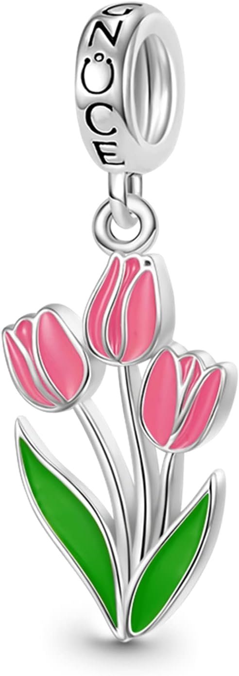 GNOCE Blooming Tulip Pendant Charms for Bracelet 925 Sterling Silver Flower Dangle Charm for Women Mother's Day Gift Fit Bracelets/Necklace