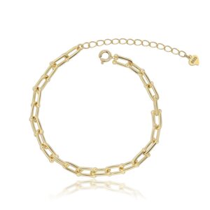 Meissa 925 Sterling Silver Paperclip Chain Bracelet Gold Pleated Handmade Chunky Chain Yello Pure Gold Filled Retangle Paperclip Chain Adjustable Bracelet for Women (Gold)