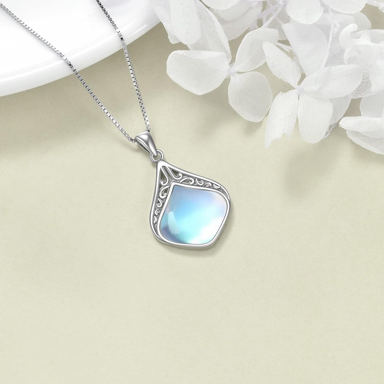 YAFEINI Moonstone Necklace Sterling Silver Vintage Filigree Teardrop Pendant Necklace Jewellery Gifts for Women Girls - Image 4
