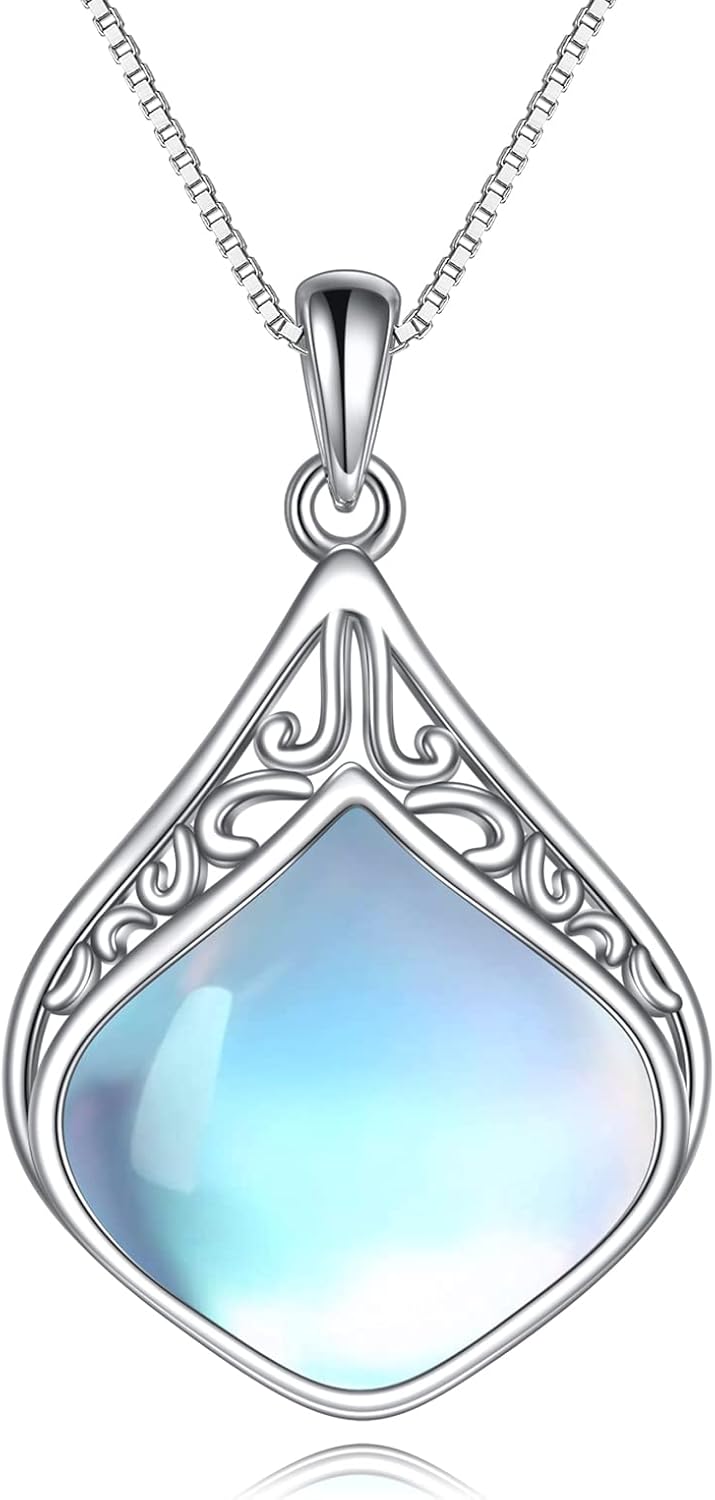 YAFEINI Moonstone Necklace Sterling Silver Vintage Filigree Teardrop Pendant Necklace Jewellery Gifts for Women Girls