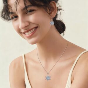 FJ Snowflake Necklace for Women 925 Sterling Silver Winter Frozen Pendant Necklace Aquamarine Jewellery Gifts for Her