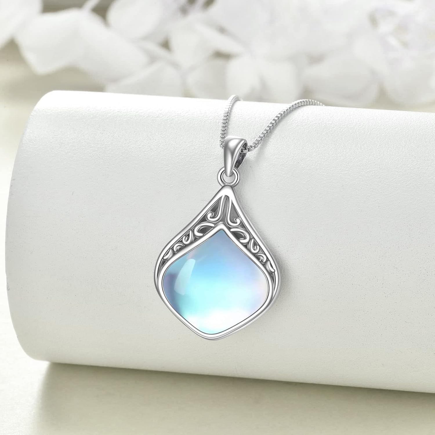 YAFEINI Moonstone Necklace Sterling Silver Vintage Filigree Teardrop Pendant Necklace Jewellery Gifts for Women Girls - Image 3