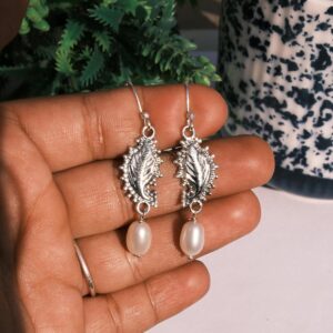 Freshwater Pearl Pure 925 Sterling Silver Handmade Leaf Design Drop Dangle Earrings Jewellery Gift For Women