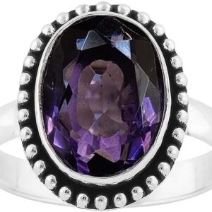 925 Sterling Silver Oval Amethyst Ring with Beaded Border, Purple Crystal Statement Ring, Handmade Vintage Jewelry for Women