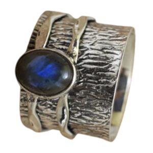 Genuine Labradorite Gemstone Hammered Silver Spinner Ring, Pure 925 Sterling Silver Spinning Ring, Anxiety Ring, Fidget Ring, Spin Meditation Ring, Gorgeous Ring (US Ring size 12)