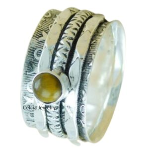 Genuine Tiger Eye Gemstone Unique Handmade Fine Jewelry, Delicate Spinner Ring, Pure 925 Sterling Silver Spin Meditation Ring, Unisex Spinning Anxiety Ring (US Ring size 8)