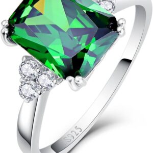 Bonlavie 925 Sterling Silver Rings for Women Created Emerald/Amethyst/Ruby/Blue Topaz Rings, 8x10mm Emerald Cut Wedding Engagement Promise Rings Band for Her Size J 1/2-T 1/2