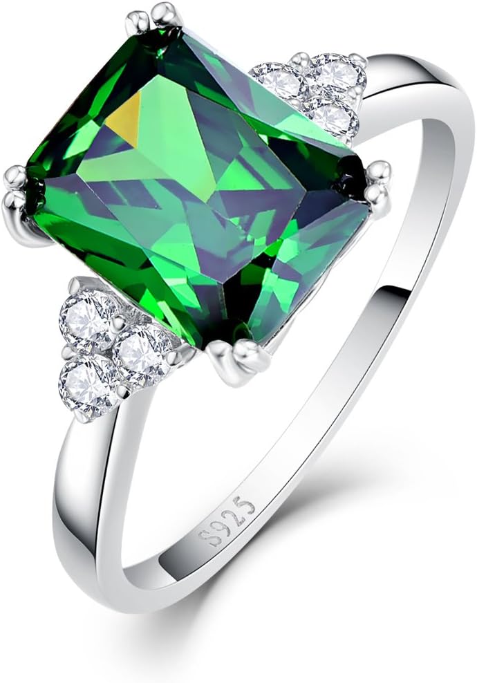 Bonlavie 925 Sterling Silver Rings for Women Created Emerald/Amethyst/Ruby/Blue Topaz Rings, 8x10mm Emerald Cut Wedding Engagement Promise Rings Band for Her Size J 1/2-T 1/2
