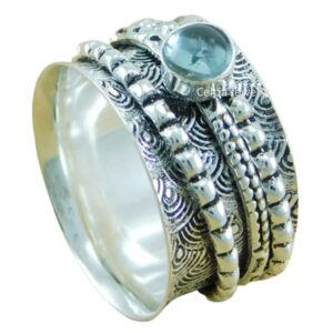 Aquamarine Gemstone Round Spinner Ring, Pure 925 Sterling Silver Spinning Ring, Unisex Handmade Jewelry, Spin Meditation Ring, March Birthstone Ring (US Ring size 12)