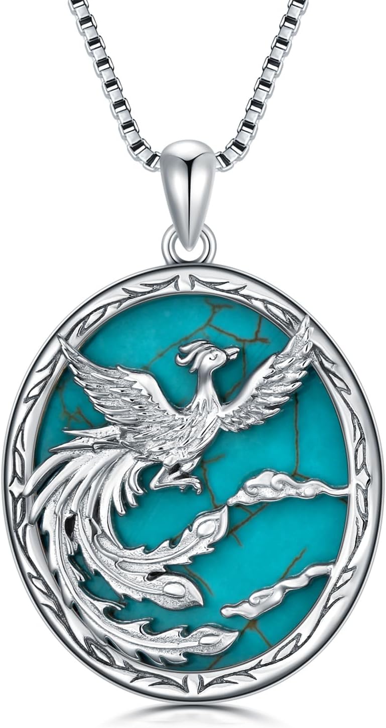 WSX Natural Phoenix Turquoise Pendant Necklace, Sterling Silver Boho Native Western Jewelry Birthdays Gift for Women