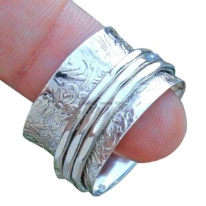 Floral Texture Spinner Rings for Women-Spinning Band Ring for Anxiety, Meditation-Gift Ring for -925 Sterling Silver Spinner Wide Band Ring Gift Size 8