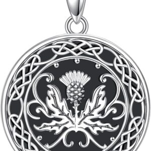 DAYLINLOVE Scottish Thistle Necklace 925 Sterling Silver Black Onyx Celtic Knot Thistle Pendant Necklace Scottish Jewelry Gifts for Women