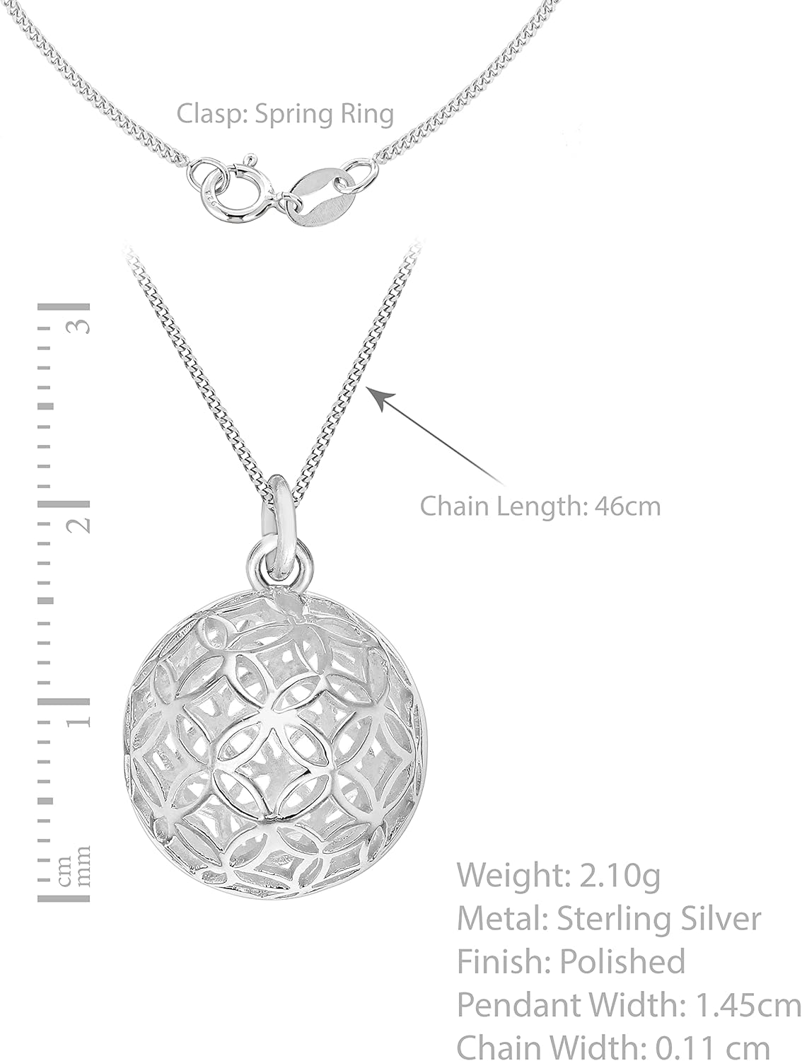 Tuscany Silver Women's Sterling Silver 14.5 x 21.5 mm Filigree Ball Pendant on Sterling Silver 1.1 mm Curb Chain Necklace of Length 46 cm/18 Inch - Image 4