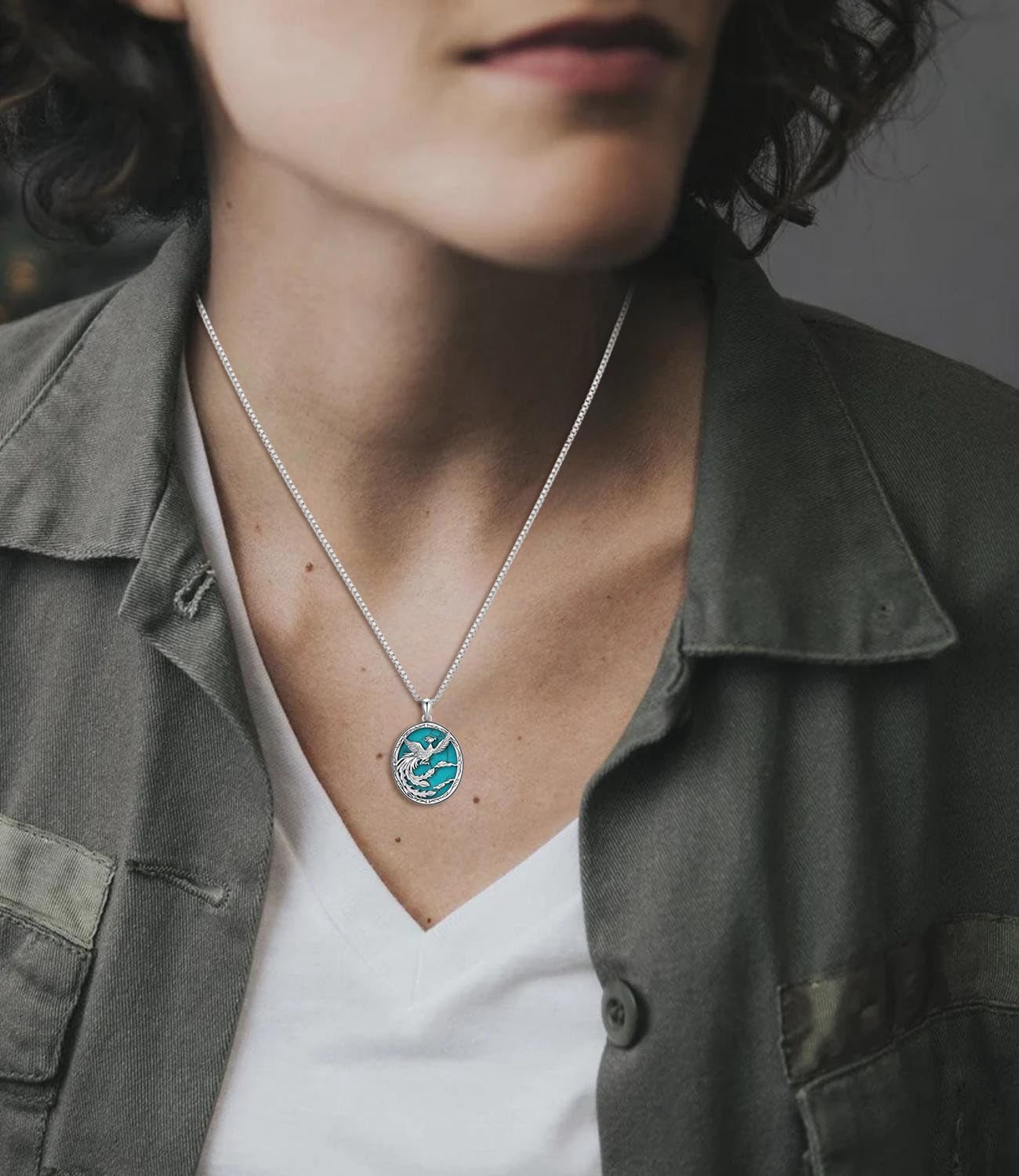 WSX Natural Phoenix Turquoise Pendant Necklace, Sterling Silver Boho Native Western Jewelry Birthdays Gift for Women - Image 4